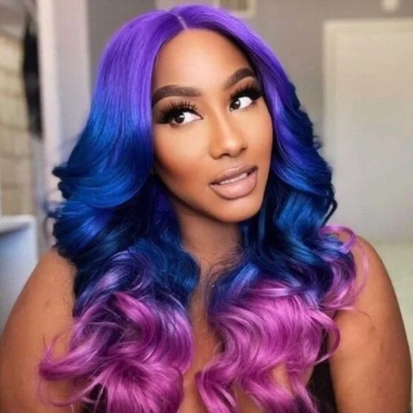 💫 22” PURPLE TRI OMBREMERMAID BODY WAVY CURLY LACE FRONT WIG *NEW*5” LACE PRT